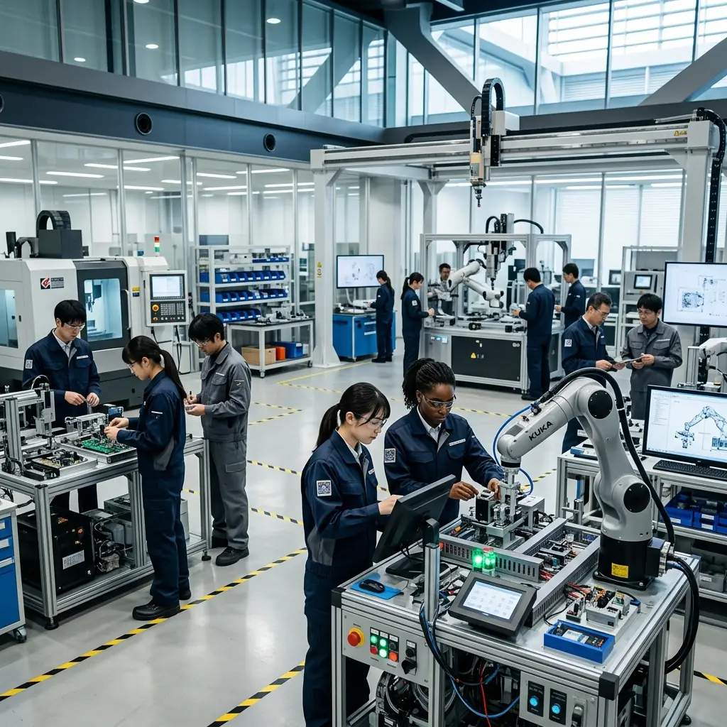 A multicultural group working in a technical workshop with laptops