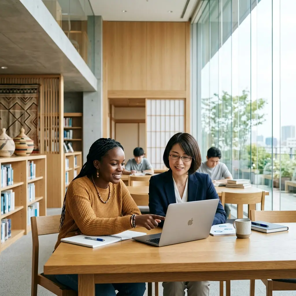 African and Japanese partners working together in a modern learning environment